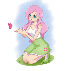 Size: 1024x1024 | Tagged: safe, artist:gamerdiji, imported from derpibooru, fluttershy, butterfly, human, anime, clothes, cute, equestria girls outfit, female, humanized, kneeling, shoes, skirt, socks, solo, tanktop