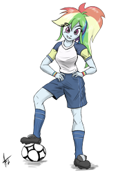Size: 2894x4093 | Tagged: safe, artist:cynos-zilla, imported from derpibooru, rainbow dash, equestria girls, absurd resolution, clothes, female, football, grin, hand on hip, jersey, looking at you, ponytail, shorts, simple background, smiling, socks, solo, transparent background
