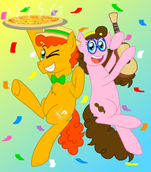 Size: 400x457 | Tagged: safe, artist:crazynutbob, imported from derpibooru, oc, oc only, oc:fudge fondue, oc:pizza pockets, boater, boater hat, bowtie, confetti, food, glasses, gradient background, guitar, hairband, hat, midair, offspring, one eye closed, parent:cheese sandwich, parent:pinkie pie, parents:cheesepie, pizza, twins, wink