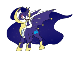 Size: 1024x768 | Tagged: safe, artist:usagi-zakura, imported from derpibooru, alicorn, bat pony, bat pony alicorn, lunala, pony, ethereal mane, fangs, lidded eyes, looking at you, open mouth, pokémon, ponified, simple background, smiling, solo, spread wings, starry mane, transparent background, wings