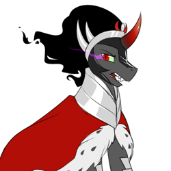Size: 750x750 | Tagged: safe, artist:cosmalumi, artist:its-gloomy, imported from derpibooru, king sombra, pony, unicorn, cape, clothes, crown, fangs, jewelry, looking back, male, open mouth, red eyes, regalia, simple background, solo, stallion