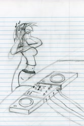 Size: 3989x6012 | Tagged: safe, artist:happyb0y95, artist:malleymall, imported from derpibooru, dj pon-3, vinyl scratch, human, absurd resolution, clothes, female, headphones, humanized, lined paper, monochrome, music notes, pencil drawing, sketch, solo, traditional art, turntable