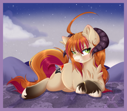 Size: 1024x902 | Tagged: safe, artist:pvrii, artist:silent-shadow-wolf, imported from derpibooru, oc, oc only, oc:kyanter, hybrid, pony, commission, horns, prone, ram horns, solo, starry night, stars