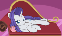 Size: 1896x1104 | Tagged: safe, artist:dusthiel, imported from derpibooru, rarity, pony, unicorn, colored pupils, fainting couch, female, kirby, kirby (character), kirby (series), kirby rarity, prone, puffball, smiling, solo
