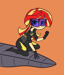 Size: 1285x1500 | Tagged: safe, artist:khuzang, imported from derpibooru, sunset shimmer, equestria girls, alternate universe, clothes, equestrian city, fanfic, fanfic art, female, gloves, looking at you, serious, serious face, simple background, solo, superhero, visor