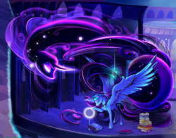 Size: 2100x1650 | Tagged: safe, artist:viwrastupr, imported from derpibooru, princess luna, tantabus, alicorn, pony, book, color porn, crown, crystal ball, duo, glowing horn, jewelry, large wings, lidded eyes, magic, raised hoof, regalia, scenery, spread wings, wings