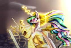 Size: 2500x1700 | Tagged: safe, artist:midlstrit, deleted from derpibooru, imported from derpibooru, princess celestia, pony, armor, solo, sword, weapon