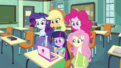 Size: 1920x1080 | Tagged: safe, imported from derpibooru, screencap, applejack, fluttershy, pinkie pie, rarity, twilight sparkle, equestria girls, equestria girls (movie), book, bracelet, chair, chalkboard, classroom, clothes, computer, cowboy hat, denim skirt, door, female, hat, incomplete twilight strong, jewelry, laptop computer, pinkie pie laptop, skirt, stetson, table, tanktop