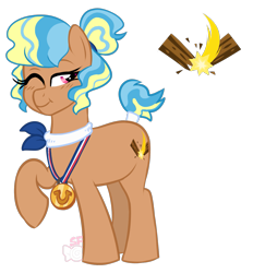 Size: 1257x1353 | Tagged: safe, artist:sugahfox, imported from derpibooru, oc, oc only, oc:brawny heart, pony, female, mare, medal, one eye closed, raised hoof, simple background, solo, tail wrap, transparent background, wink