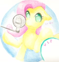 Size: 2227x2314 | Tagged: artist needed, safe, artist:cocopommel, imported from derpibooru, fluttershy, pegasus, pony, female, floppy ears, looking at you, mare, microphone, no pupils, simple background, smule, solo, traditional art, vip, watercolor painting, white background
