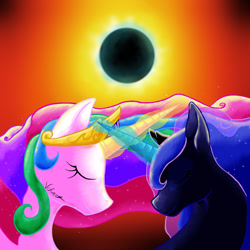 Size: 1300x1300 | Tagged: safe, artist:vchart920, imported from derpibooru, princess celestia, princess luna, alicorn, pony, cooperation, crossed horns, duo, eclipse, eyes closed, horn, horns are touching, jewelry, magic, regalia, royal sisters, sisters, smiling, solar eclipse