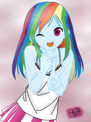 Size: 771x1036 | Tagged: safe, artist:liniitadash23, imported from derpibooru, rainbow dash, equestria girls, anime, clothes, cute, female, moe, one eye closed, open mouth, peace sign, pleated skirt, skirt, solo, tanktop, trace, wink