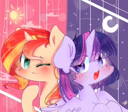 Size: 1876x1646 | Tagged: safe, artist:windymils, imported from derpibooru, sunset shimmer, twilight sparkle, alicorn, pony, unicorn, :3, blushing, crescent moon, cute, day, duo, female, heart eyes, mare, moon, night, one eye closed, open mouth, raised hoof, shimmerbetes, signature, smiling, stars, sun, sunshine shimmer, twiabetes, twilight sparkle (alicorn), wingding eyes, wink