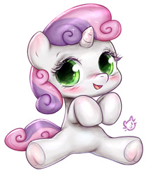 Size: 406x470 | Tagged: safe, artist:catmag, imported from derpibooru, sweetie belle, pony, unicorn, blushing, cute, diasweetes, female, filly, frog (hoof), looking at you, open mouth, simple background, sitting, smiling, solo, underhoof