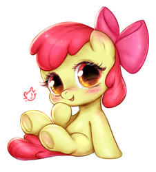 Size: 400x442 | Tagged: safe, artist:catmag, imported from derpibooru, apple bloom, earth pony, pony, adorabloom, bow, cute, female, filly, hair bow, looking at you, open mouth, simple background, sitting, smiling, solo