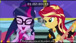 Size: 1366x768 | Tagged: safe, imported from derpibooru, screencap, sci-twi, sunset shimmer, twilight sparkle, eqg summertime shorts, equestria girls, get the show on the road, leak, bowtie, bus, cute, duo, electric guitar, eyes closed, flying v, glasses, guitar, lidded eyes, microphone, musical instrument, ponied up, russian, scitwilicorn, sunset shredder, the rainbooms tour bus, twiabetes, youtube link