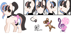 Size: 1247x593 | Tagged: safe, artist:symphstudio, artist:xxmissteaxx, imported from derpibooru, oc, oc only, oc:melanie martinez, earth pony, pony, bow, choker, female, garter, mare, reference sheet, solo, tail bow