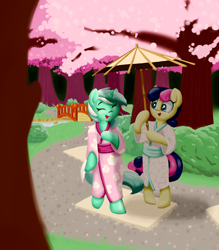 Size: 1614x1840 | Tagged: dead source, safe, artist:victoreach, imported from derpibooru, bon bon, lyra heartstrings, sweetie drops, earth pony, pony, semi-anthro, unicorn, bipedal, bridge, cherry blossoms, clothes, duo, eyes closed, female, flower, flower blossom, garden, hoof hold, kimono (clothing), lesbian, lyrabon, open mouth, river, shadow, shipping, smiling, stream, tree, umbrella, yukata