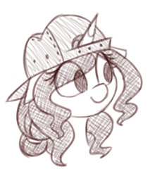 Size: 1123x1315 | Tagged: safe, artist:shinodage, imported from derpibooru, fresh coat, pony, unicorn, backwards ballcap, baseball cap, bust, cap, female, floppy ears, hat, mare, monochrome, portrait, simple background, sketch, solo, white background