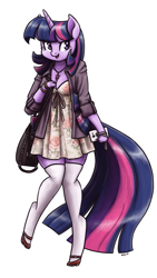 Size: 903x1600 | Tagged: safe, artist:king-kakapo, imported from derpibooru, twilight sparkle, anthro, unguligrade anthro, unicorn, arm hooves, bag, breasts, cellphone, cleavage, clothes, cloven hooves, dress, female, jacket, mare, open mouth, phone, shoes, simple background, smiling, stockings, thigh highs, white background