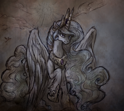 Size: 2400x2153 | Tagged: safe, artist:remains, imported from derpibooru, princess celestia, alicorn, pony, dark, female, glare, mare, mixed media, solo, sun