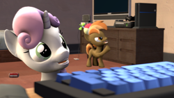 Size: 3840x2160 | Tagged: safe, artist:viranimation, imported from derpibooru, button mash, sweetie belle, earth pony, pony, unicorn, 3d, annoyed, computer mouse, duo, female, gaming pc, keyboard, male, nintendo, nintendo entertainment system, nintendo switch, pc, playstation 4, raised hoof, shipping, soda can, source filmmaker, straight, sweetiemash, television, xbox 360