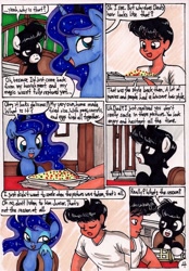 Size: 1384x1983 | Tagged: safe, artist:newyorkx3, imported from derpibooru, princess luna, oc, oc only, oc:tommy, oc:tommy junior, human, comic:young days, comic, dialogue, traditional art