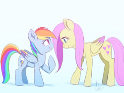 Size: 1233x925 | Tagged: safe, artist:grissaecrim, artist:raikoh, imported from derpibooru, fluttershy, rainbow dash, pegasus, pony, duo, female, height difference, looking at each other, mare, raised hoof, simple background, smiling