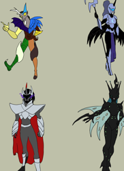 Size: 1696x2333 | Tagged: safe, artist:darthcraftus, imported from derpibooru, discord, king sombra, nightmare moon, queen chrysalis, anthro, kaijin, kaijufied, tokusatsu