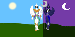 Size: 1366x678 | Tagged: safe, artist:darthcraftus, imported from derpibooru, princess celestia, princess luna, alicorn, pony, deviantart muro, equestria sentai ponyranger, female, mare, power rangers, sentaified, super sentai