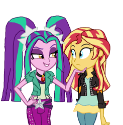 Size: 875x892 | Tagged: safe, artist:ktd1993, imported from derpibooru, aria blaze, sunset shimmer, equestria girls, clothes, female, flirting, jacket, leather jacket, lesbian, lidded eyes, pants, shipping, simple background, sunblaze, transparent background