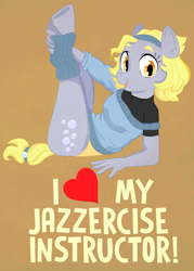 Size: 1000x1396 | Tagged: safe, artist:dbkit, imported from derpibooru, derpy hooves, anthro, pegasus, unguligrade anthro, alternate hairstyle, brown background, clothes, female, jazzercise, leg warmers, looking at you, mare, simple background, solo, stretching, sweatband, underp, yoga