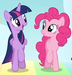 Size: 617x639 | Tagged: safe, imported from derpibooru, screencap, pinkie pie, twilight sparkle, alicorn, pony, all bottled up, article in the description, cropped, twilight sparkle (alicorn), walking on a rainbow