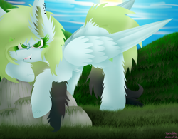 Size: 1024x798 | Tagged: safe, artist:vanillaswirl6, imported from derpibooru, oc, oc only, oc:emmy, pegasus, pony, art trade, bedroom eyes, bent over, cloud, cute, detailed eyes, ear piercing, face down ass up, female, fluffy, gradient mane, grass, holding onto something, lidded eyes, lip piercing, long mane, looking at you, mare, moss, mouth piercings, open mouth, photoshop, piercing, rock, scenery, scrunchy face, shading, sharp teeth, sky, solo, sun, teeth