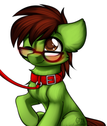 Size: 1687x1983 | Tagged: safe, artist:gicme, imported from derpibooru, oc, oc only, oc:analogue, blushing, collar, glasses, leash, one eye closed, pet play, wink