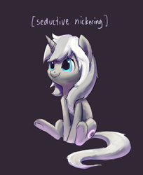 Size: 921x1128 | Tagged: safe, artist:rhorse, imported from derpibooru, oc, oc only, oc:frozen raine, pony, unicorn, descriptive noise, female, gray background, nickering, seductive, simple background, sitting, smiling, solo