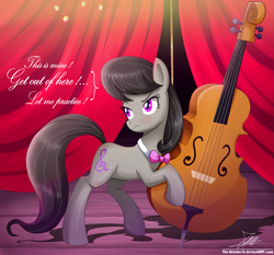 Size: 1871x1742 | Tagged: safe, artist:the-butch-x, imported from derpibooru, octavia melody, earth pony, pony, bowtie, cello, curtains, dialogue, female, mare, musical instrument, octavia is not amused, signature, solo, stage, unamused