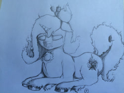 Size: 1280x960 | Tagged: safe, artist:blackonyxstar, imported from derpibooru, oc, oc only, pony, fire, food, marshmallow, monochrome, prone, solo, traditional art, unshorn fetlocks