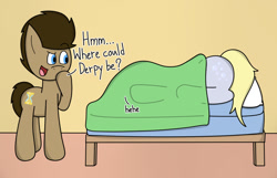 Size: 1216x783 | Tagged: safe, artist:techreel, imported from derpibooru, derpy hooves, doctor whooves, time turner, pegasus, pony, bed, blanket, doctorderpy, female, hand on chin, hide and seek, hiding, male, mare, pillow, shipping, stallion, straight, under blanket