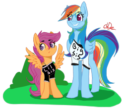 Size: 1480x1291 | Tagged: safe, artist:xenovie, deleted from derpibooru, imported from derpibooru, rainbow dash, scootaloo, pegasus, pony, clothes, height difference, scootalove, shirt, signature, sisters, t-shirt