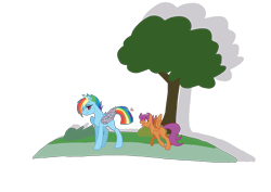 Size: 4950x3500 | Tagged: safe, artist:xenovie, deleted from derpibooru, imported from derpibooru, rainbow dash, scootaloo, absurd resolution, alternate timeline, amputee, apocalypse dash, augmented, crystal war timeline, prosthetic limb, prosthetic wing, prosthetics, tree