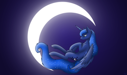 Size: 5000x2933 | Tagged: safe, artist:starlessnight22, imported from derpibooru, princess luna, alicorn, pony, absurd resolution, blue background, chest fluff, colored wings, colored wingtips, constellation, crescent moon, ear fluff, female, fluffy, flying, frown, galaxy mane, glow, glowing, gradient background, lidded eyes, looking down, mare, missing accessory, moon, simple background, solo, spread wings, stars, tangible heavenly object, vector, wings