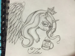 Size: 1280x960 | Tagged: safe, artist:blackonyxstar, imported from derpibooru, princess celestia, alicorn, pony, crown, cup, female, jewelry, lidded eyes, mare, mug, regalia, smiling, solo, traditional art