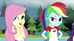 Size: 1280x720 | Tagged: safe, imported from derpibooru, screencap, fluttershy, rainbow dash, rarity, equestria girls, legend of everfree, camp everfree outfits, clothes, female, hand on hip, lake, mountain, open mouth, tree, wristband