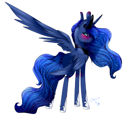 Size: 1765x1621 | Tagged: safe, artist:alithecat1989, artist:symphstudio, artist:xxmissteaxx, imported from derpibooru, princess luna, pony, blushing, collaboration, crown, female, jewelry, large wings, looking back, rear view, regalia, signature, simple background, solo, transparent background, wings