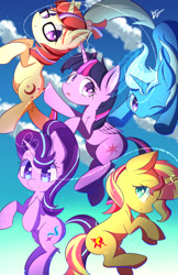 Size: 770x1190 | Tagged: safe, artist:kawaiipony2, imported from derpibooru, moondancer, starlight glimmer, sunset shimmer, trixie, twilight sparkle, alicorn, pony, unicorn, cloud, colored pupils, counterparts, cute, dancerbetes, diatrixes, female, floating, glasses, glimmerbetes, group, magic, magical quintet, mare, one eye closed, shimmerbetes, sky, twiabetes, twilight sparkle (alicorn), twilight's counterparts, wink