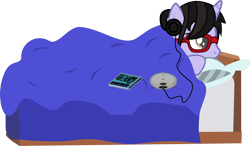 Size: 1563x912 | Tagged: safe, artist:lightningbolt, derpibooru exclusive, imported from derpibooru, pony, unicorn, .svg available, bed, brendon urie, casual, cd, cd player, fall out boy, glasses, headphones, male, panic! at the disco, pillow, ponified, portable cd player, prone, show accurate, simple background, solo, stallion, svg, take this to your grave, transparent background, vector