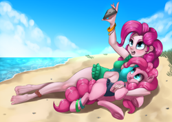 Size: 1612x1139 | Tagged: safe, artist:dankflank, derpibooru exclusive, imported from derpibooru, pinkie pie, earth pony, pony, equestria girls, armpits, beach, blue swimsuit, bracelet, clothes, cute, diapinkes, drawthread, feet, female, fluffy, frilled swimsuit, green swimsuit, human ponidox, jewelry, lying down, mare, missing cutie mark, navel cutout, on side, one-piece swimsuit, self ponidox, selfie, side, smiling, swimsuit, tongue out