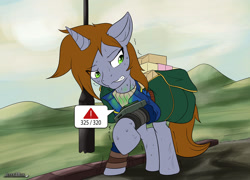 Size: 1400x1007 | Tagged: safe, artist:jeffk38uk, imported from derpibooru, oc, oc only, oc:littlepip, pony, unicorn, fallout equestria, clothes, fanfic, fanfic art, female, hoarder, hoarding, hooves, horn, inventory, jumpsuit, mare, over encumbered, pipbuck, saddle bag, solo, speech bubble, teeth, vault suit