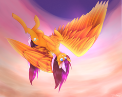 Size: 5000x4000 | Tagged: safe, artist:maximpy, artist:popcornhorns, imported from derpibooru, oc, oc only, oc:sunrise, pegasus, pony, absurd resolution, female, flying, mare, solo